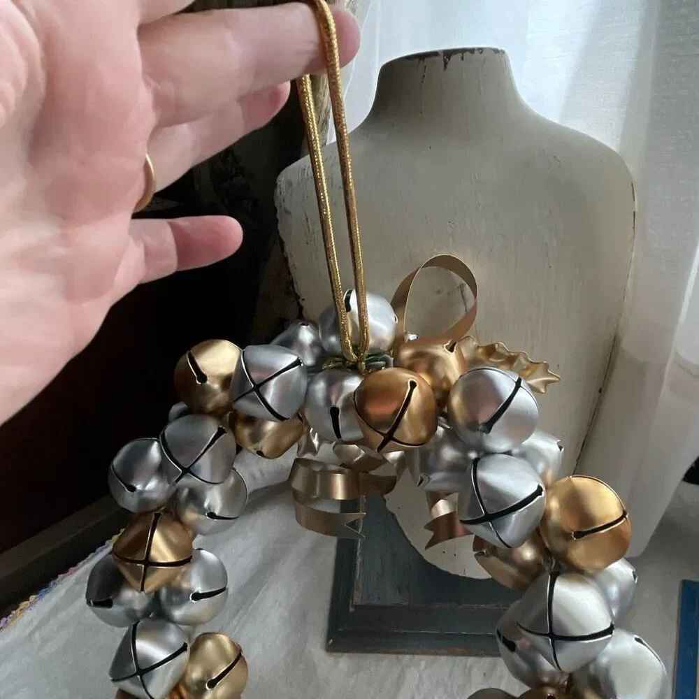 Silver & Gold jingle bells wreath hanging cord Holly decor
